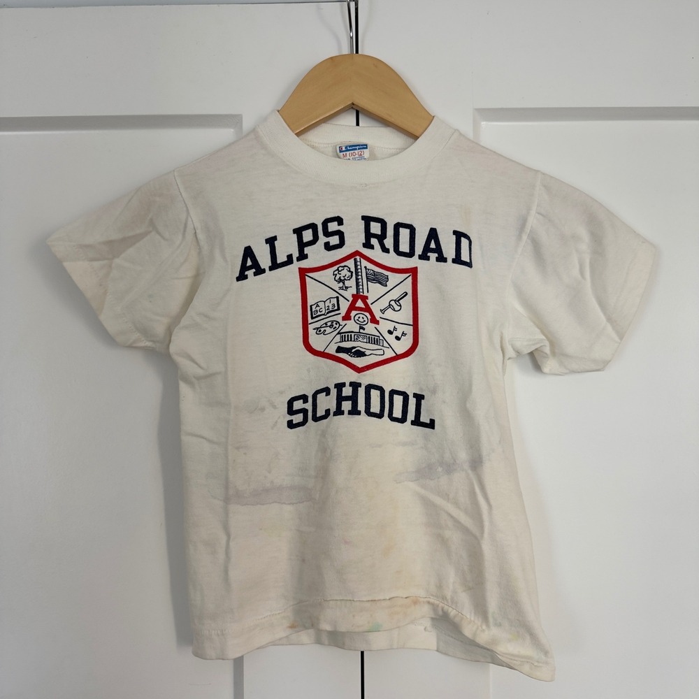 Vintage Kids M Champion T Shirt White Alps Road School 70s Blue Bar 100% Cotton